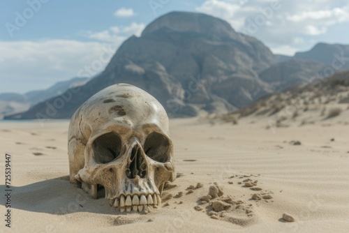 Mysterious Island Skull Lies On Desert Sand As Mountains Loom In The Background