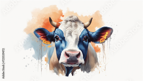 Vibrant Digital Artwork of a Cow With Flaming Horns and Abstract Background
