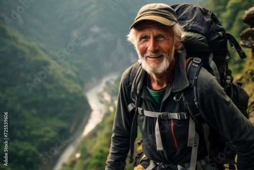 Portrait of a senior man with a backpack standing on the edge of a cliff.