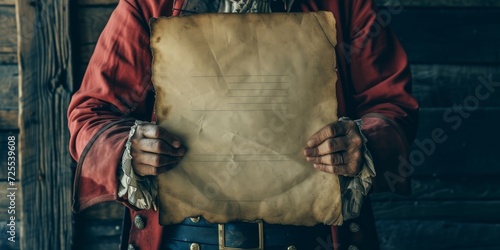 Vászonkép Piratecostumed Man Gripping Blank Document, Ready For Any Inscription