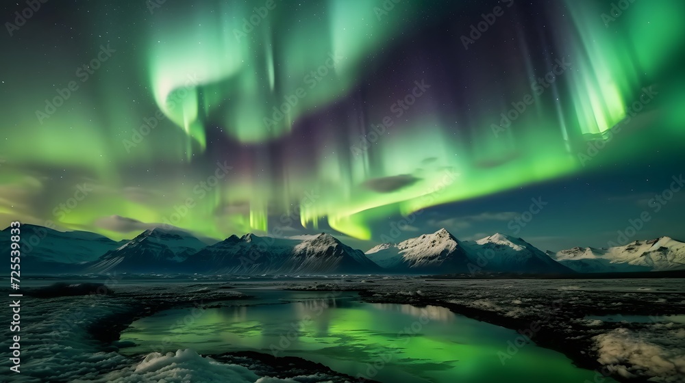 Aurora borealis, northern lights over the fjord and mountains