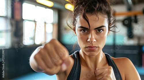 Caucasian woman in boxing gym. Self defense concept. The woman's dedication to self-defense shines through as she combines precision and strength in her boxing workouts. photo