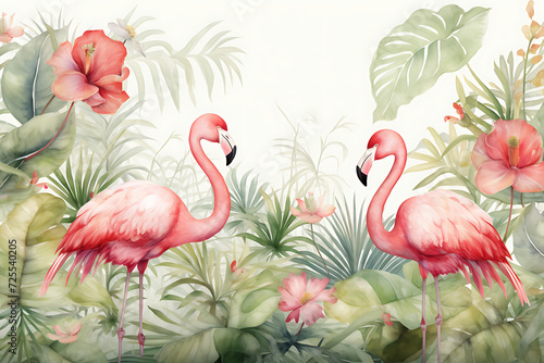 Flamingo in the jungle,3d render illustration background.