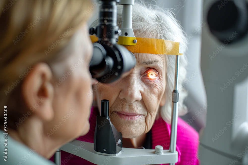 Woman oculist examining old woman sight with ophthalmic tool in modern hospital clinic. Optician performing eyesight measurement for senior patient with myopia.
