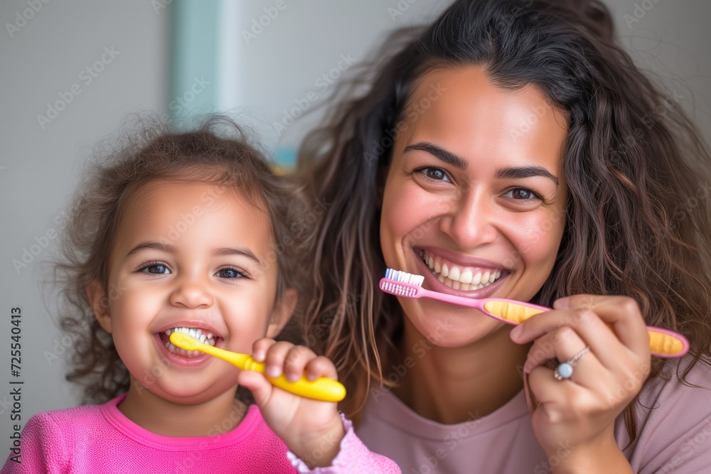 Young Child And Her Mother Smiling While Brushing Their Teeth. Сoncept Dental Hygiene, Mother-Daughter Bonding, Smiling Together, Healthy Habits, Teeth Cleaning Young Child And Her Mother Smiling While Brushing Their Teeth. Сoncept Dental Hygiene, Mother-Daughter Bonding, Smiling Together, Healthy Habits, Teeth Cleaning