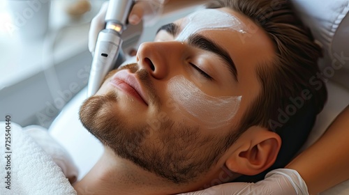 Close-up of a man's face receiving a skincare treatment with a facial mask. photo