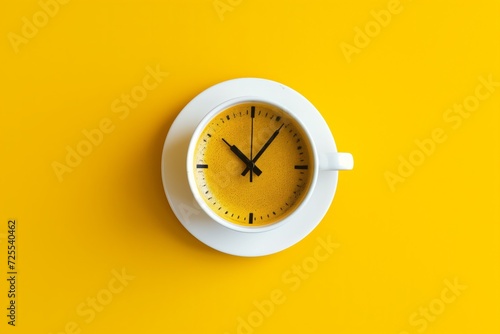 Abstract Coffeethemed Clock Against Vibrant Yellow Backdrop Innovative Concept With Minimalistic Design. Сoncept Coffee Art, Vibrant Colors, Minimalist Design, Abstract Concepts, Innovative Clock