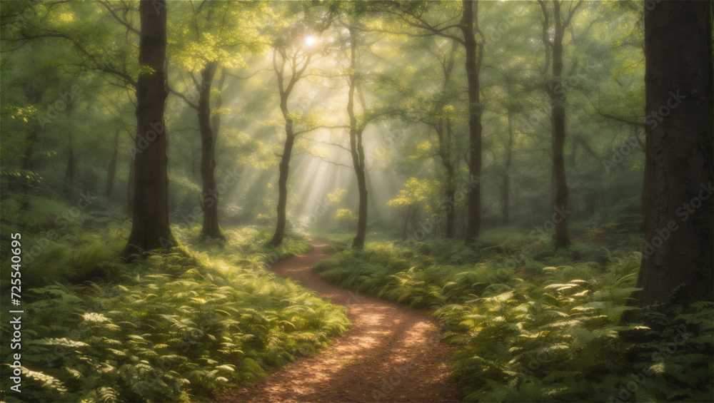 Fototapeta premium Serene Morning Light Filtering Through The Canopy of A Lush Forest Path