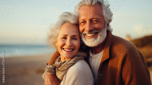 Portrait of happy senior couple embracing on the beach at autumn day