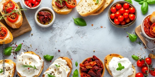 Appetizing Assortment Of Culinary Delights Featuring Bruschetta, Cream Cheese, And Flavorful Dried Tomatoes. Сoncept Gourmet Brunch Spreads, Artisanal Cheese Platters, Savory Starters
