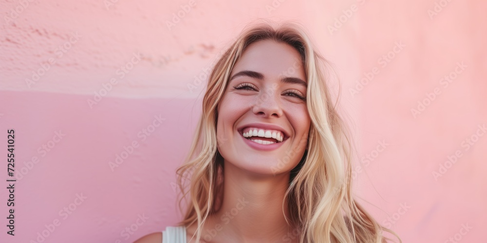 Obraz premium Blonde Woman With Captivating Smile And Radiant Energy Against Pastel Backdrop. Сoncept Candid Moments, Nature Inspired Shoot, Studio Lighting And Poses, Ethnic Fashion, Seaside Photoshoot