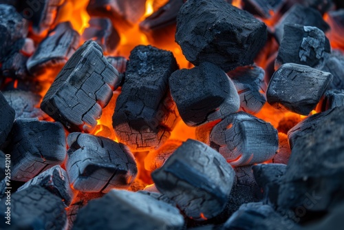 Closeup Of Fiery Hot Glowing Charcoal Briquettes In Barbecue Grill Pit. Сoncept Barbecue Grill, Fiery Charcoal, Closeup Shots, Grilling Season