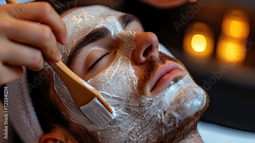 Close-up of a facial mask being applied to a man's face with candles in the background. photo