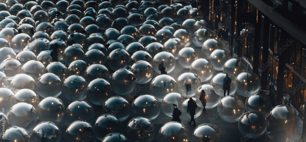 people in the city walk inside the balls. The concept of isolation from society, aura and spherical energy protection. people in the city walk inside the balls. The concept of isolation from society, aura and spherical energy protection.