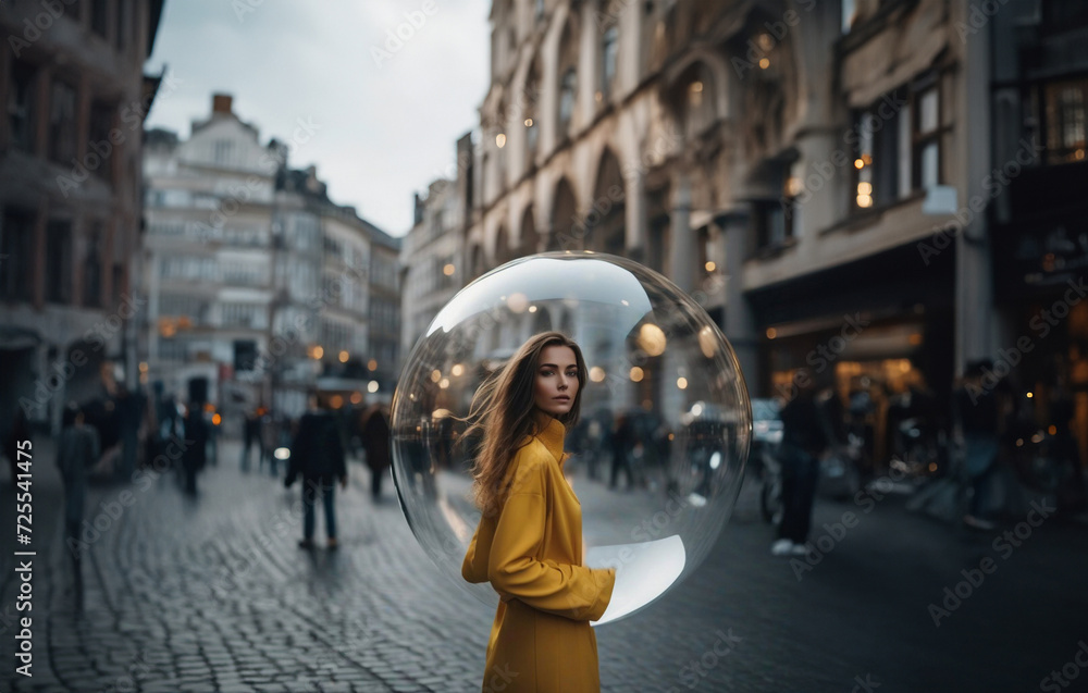 woman on the subway among people isolated herself in a transparent ball. The concept of aura and energetic psychological protection.