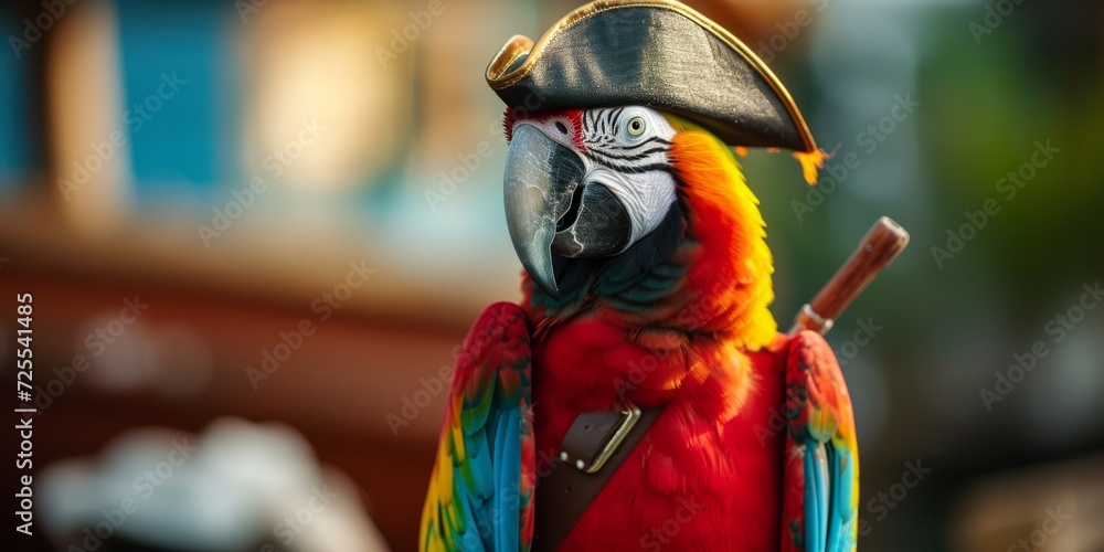 Colorful Parrot Wearing Pirate Costume For Themed Party Or Event. Сoncept Themed Party Ideas, Pirate Costume, Colorful Parrot, Event Decor, Fun Photo Opportunities