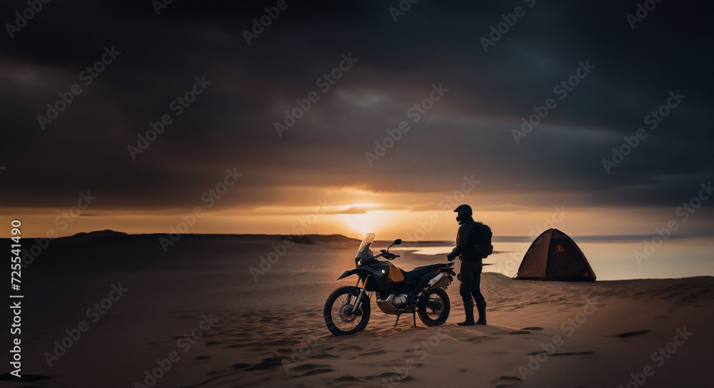 Obraz premium travel by motorcycle, motorcycle on the seashore with a tent at sunset.