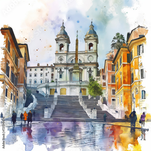Watercolor painting of Spain square in Rome Italy Ai Art