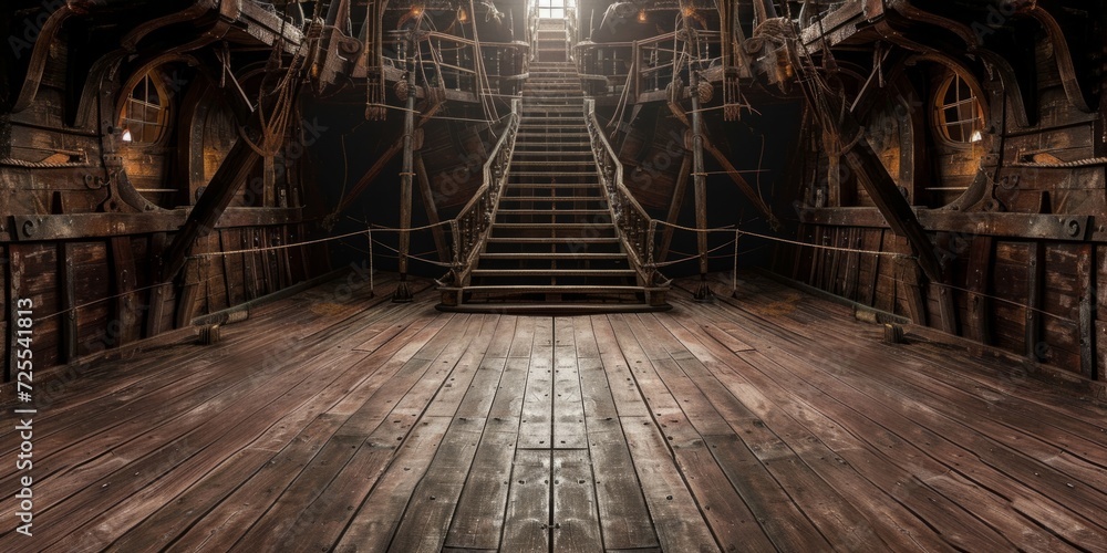 Fototapeta premium Desolate Pirate Ship Deck Stage Backdrop, Perfect For Theatrical Scenes. Сoncept Ocean Sunset, Dramatic Lighting, Mystical Atmosphere