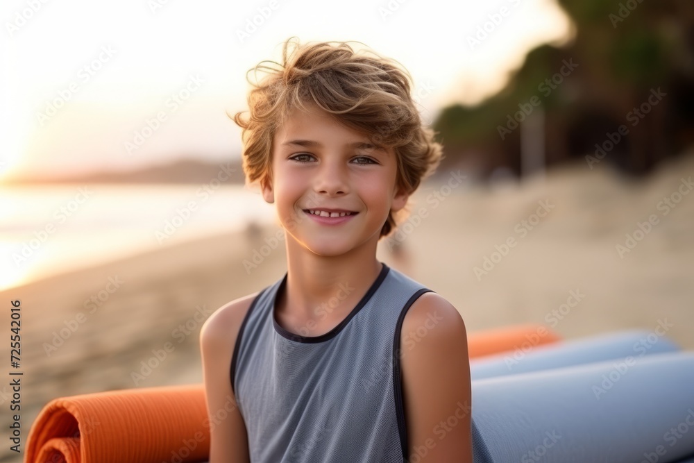 Portrait of a smiling little boy with yoga mat on the beach Portrait of a smiling little boy with yoga mat on the beach