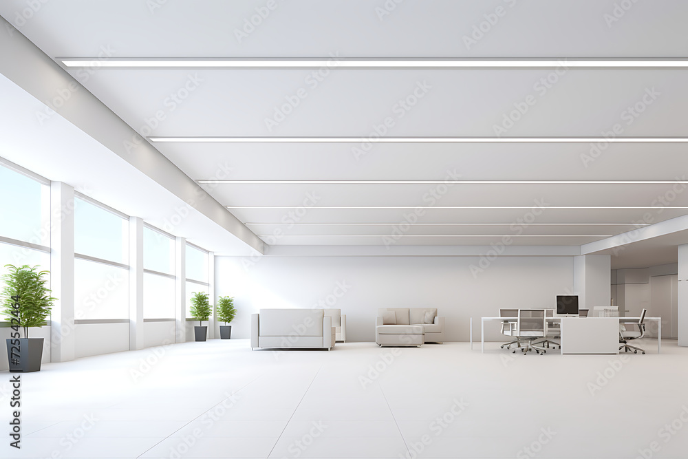 Interior of modern office with white walls, concrete floor, rows of white computer tables and large windows. 3d rendering mock up Interior of modern office with white walls, concrete floor, rows of white computer tables and large windows. 3d rendering mock up