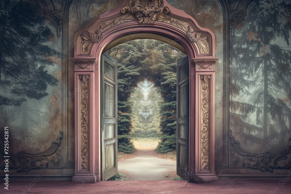 Entrance To Whimsical Wonderland Through Enchanting, Open Door Collage. Сoncept Fantasy Photography, Magical Doorways, Surreal Imagery, Dreamlike Entrance