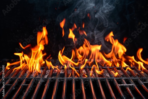 Fiery Flames Engulf Empty Barbecue Grill Against Sleek Black Backdrop. Сoncept Fiery Flames, Empty Barbecue Grill, Sleek Black Backdrop