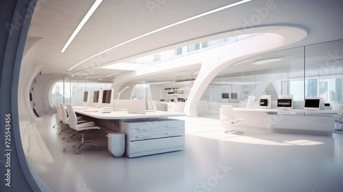 Modern office interior with white walls, concrete floor and white computer tables.   mock up toned image © Art AI Gallery