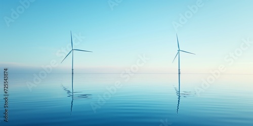 Offshore Wind Turbines Harness Green Energy From The Sea, Combating Global Warming. Сoncept Climate Change And Rising Sea Levels, Impact Of Offshore Wind Farms On Marine Life
