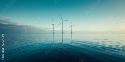 Offshore Wind Turbines Harness Green Energy From The Sea, Combating Global Warming. Сoncept Sustainable Ocean Energy, Climate Change Solutions, Renewable Power Generation, Offshore Wind Farms