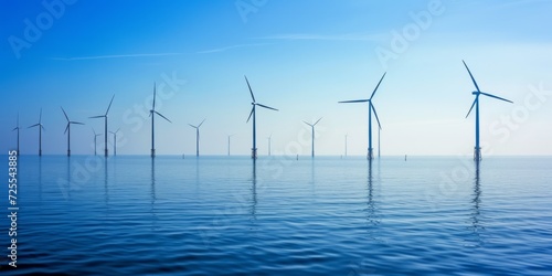 Offshore Wind Turbines Harness Green Energy From The Sea, Combating Global Warming. Сoncept Sustainable Energy Solutions, Renewable Power Generation, Climate Change Mitigation, Offshore Wind Farms