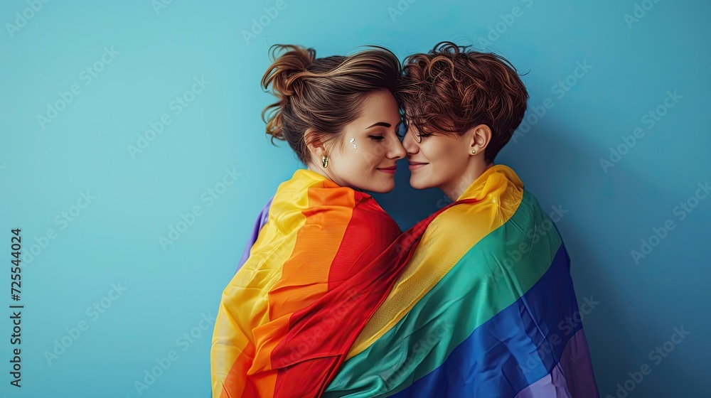 Two women embracing, wrapped in a rainbow flag. Two women embracing, wrapped in a rainbow flag.