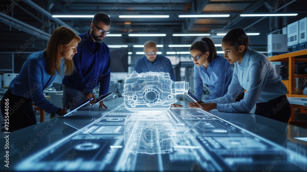 team of professionals working on a holographic image of an automobile engine. technology and engineering in industrial or automotive design.
