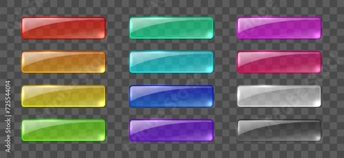 3d transparent glass buttons, web banners different colors. Rectangle clear glossy crystal bars for website or app template isolated on transparent background, vector illustration