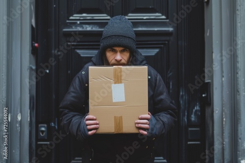 Package Thief Caught Redhanded In The Act Of Porch Piracy. Сoncept Package Theft, Porch Piracy, Caught On Camera, Criminal Activity, Security Measures photo