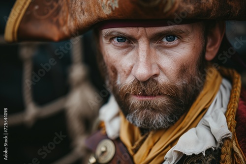 Piratethemed Man In Costume Poses Against Nautical Backdrop, Ready For Adventure. Сoncept Pirate-Themed Photoshoot, Nautical Backdrop, Costume Poses, Adventure Ready