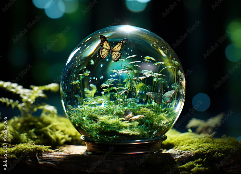 A glass ball holding a blue butterfly. A glass ball contains a delicate butterfly floating inside, capturing the beauty of nature.