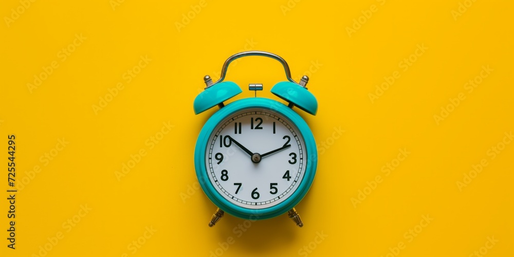 Retro Teal Alarm Clock Atop Vibrant Yellow Backdrop In Flat Lay Style. Сoncept Retro Teal Alarm Clock, Vibrant Yellow Backdrop, Flat Lay Style Retro Teal Alarm Clock Atop Vibrant Yellow Backdrop In Flat Lay Style. Сoncept Retro Teal Alarm Clock, Vibrant Yellow Backdrop, Flat Lay Style