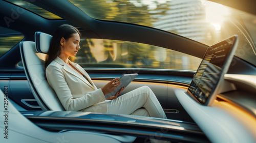 professional-looking woman sitting comfortably in the back seat of a luxury unmanned taxi with a modern interior. She is working with a tablet while driving. © ProstoSvet