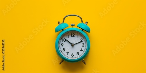 Retro Teal Alarm Clock Atop Vibrant Yellow Backdrop In Flat Lay Style. Сoncept Retro Teal Alarm Clock, Vibrant Yellow Backdrop, Flat Lay Style