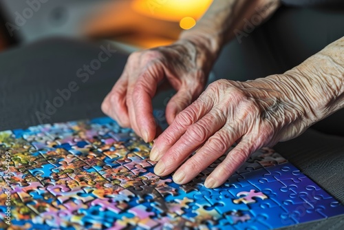 Elderly woman's hands putting together a jigsaw puzzle