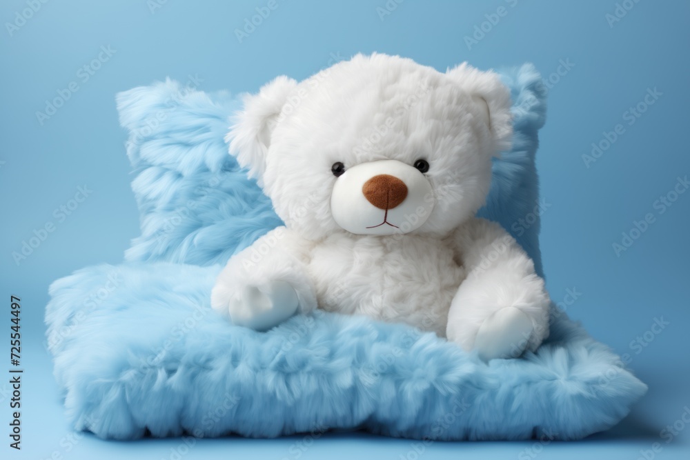 Cute fluffy pillow and soft bear toy on blue background.