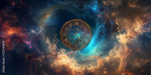 Space Clock. Сoncept Star Gazing, Astral Travel, Celestial Timekeeping, Cosmic Decor, Space Exploration photo