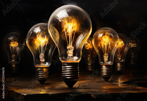 A paper lightbulb lit on a blackboard. A group of light bulbs is arranged neatly on top of a table, creating an organized display. photo
