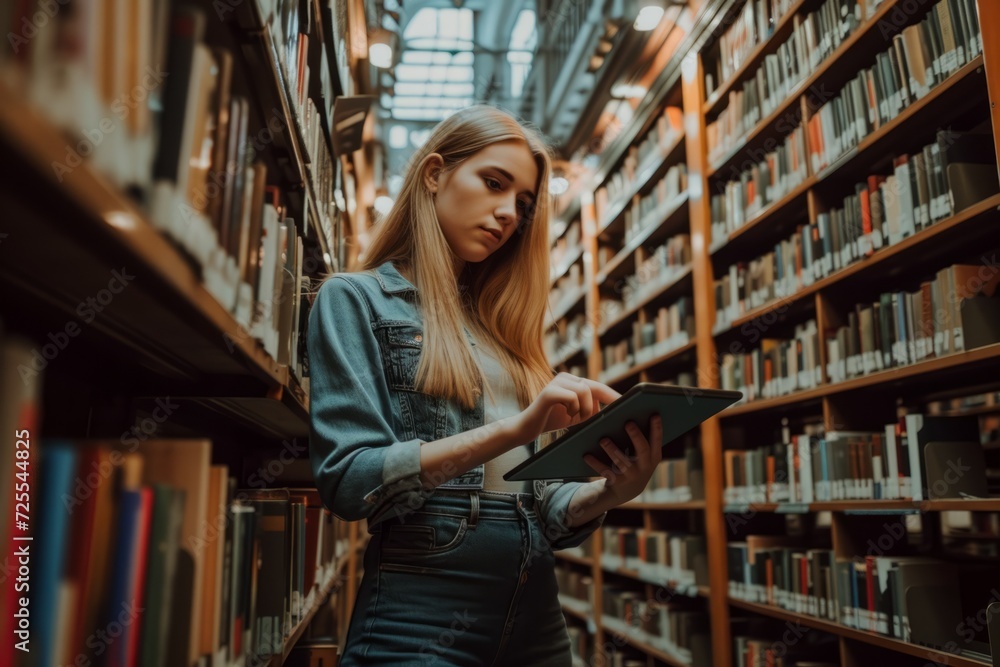Young woman in library using tablet Young woman in library using tablet