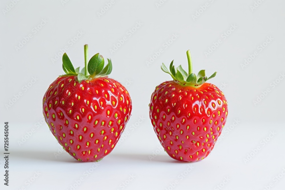 Two Vibrant, Ripe Strawberries Resting On Crisp, Clean White Surface Two Vibrant, Ripe Strawberries Resting On Crisp, Clean White Surface