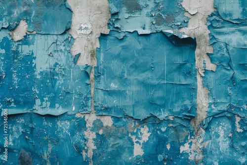 Texture Of Old, Torn Blue Posters On Grunge Wall Backdrop. Сoncept Rustic Charm, Vintage Vibes, Urban Decay, Faded Beauty, Weathered Elegance
