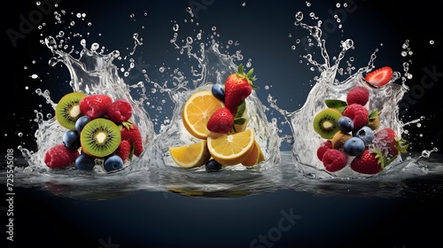 Fruit splashing into water on a black background. 3d rendering