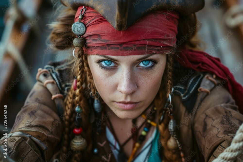 Woman Wearing Pirate Attire, Ready For Adventure On The High Seas. Сoncept Pirate Photoshoot, Adventure Theme, High Seas, Woman In Pirate Attire, Ready For Action