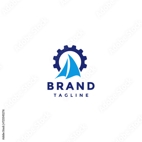 Simple Mechanical Gear Boat Logo Design. Simple Sailboat With Gear Icon Logo Design.